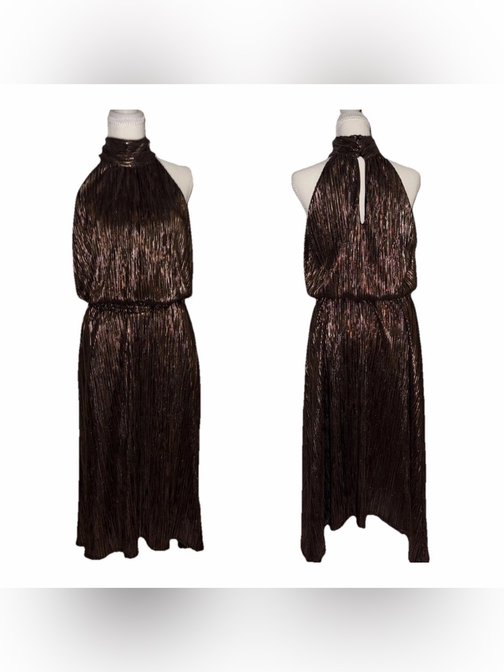 Sleeveless Event Midi Dress  Size M Veronica M. Metallic Brown Pleated Halter